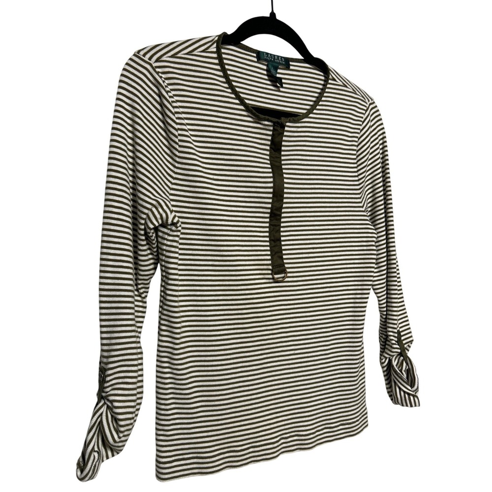 Lauren Ralph Lauren‎ Zip Up Roll Tab Henley Shirt Olive Ivory Stripe Size Large